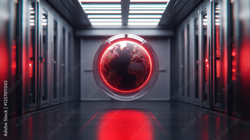 Aufkleber futuristic sphere displaying glowing red world map in high tech server room, symbolizing advanced cy