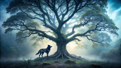 Majestic Wolf Under Enormous Tree in Dreamlike Forest Landscape