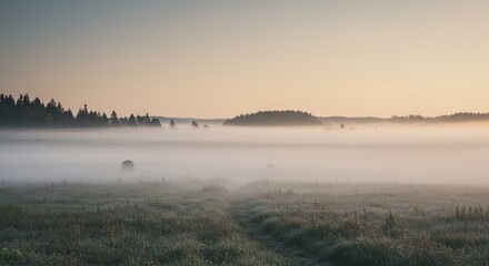 Obraz premium Misty Sunrise over Serene Meadow and Forest - Breathtaking Nature Photography
