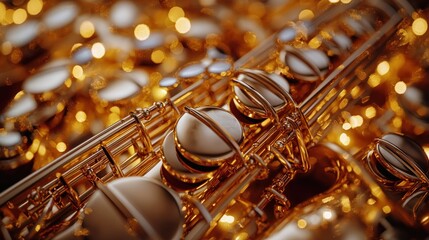 Fototapeta premium Golden Saxophone Close-up with Festive Lights Background