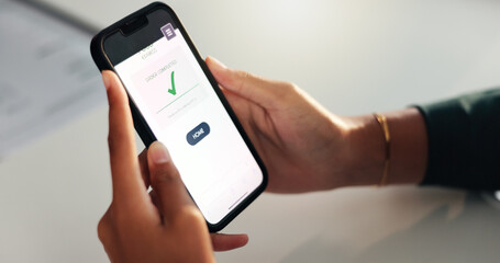 Phone, screen or hands with online order confirmation for promo shopping, user experience or transaction approval. Ecommerce, person or smartphone for successful purchase, banking payment or checkout