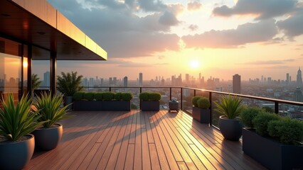 Obraz premium Modern urban rooftop garden with wooden decking, potted plants, and city skyline view at sunset 