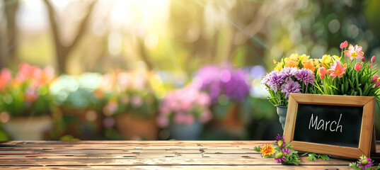  Chalkboard with march text surrounded by colorful flowers for spring