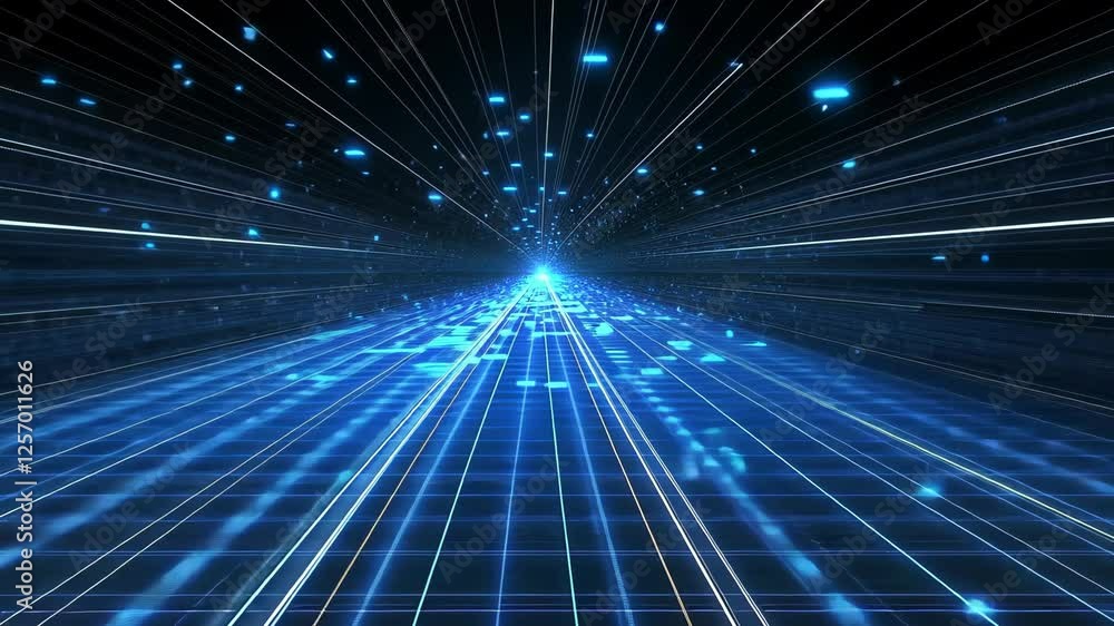 Aufkleber dynamic blue digital grid with lights converging towards a central point creating a sense of depth a