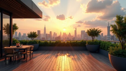 Obraz premium Modern urban rooftop garden with wooden decking, potted plants, and city skyline view at sunset 