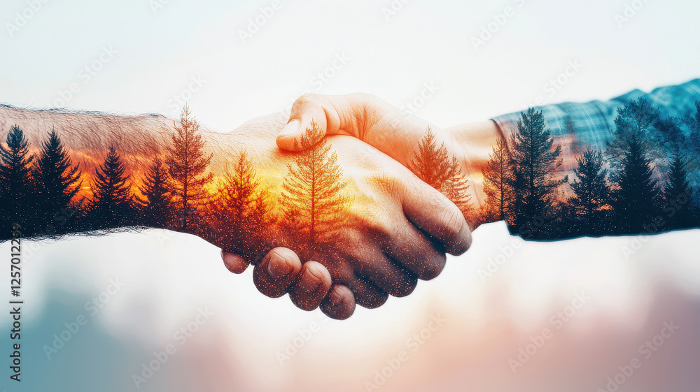 Poster artistic double exposure of firm handshake with forest background, symbolizing unity and collaborati