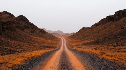 Naklejka premium Serene desert road winding through arid mountains under a cloudy sky, evoking solitude and adventure