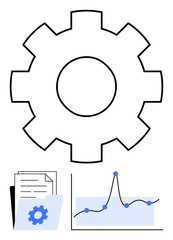 Large gear symbol folder with documents and line graph. Ideal for productivity, organization, efficiency, technology, data analysis, business growth, innovation. Line metaphor