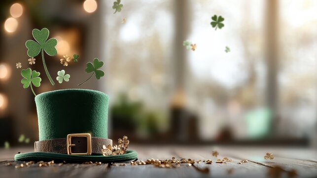 A festive green hat adorned with shamrocks sits on a wooden surface, evoking a cheerful atmosphere for St. Patrick's Day celebrations.
