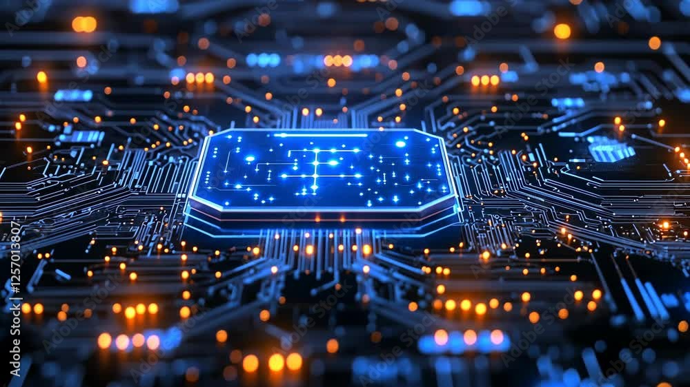 Poster Exploring advanced technology with a close-up view of a glowing microchip on a circuit board