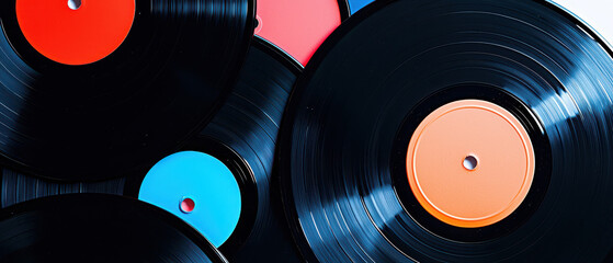 A vibrant collection of vinyl records showcasing colorful labels, perfect for music lovers and vintage enthusiasts alike.