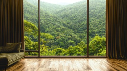 A serene view of a green forest through a large glass window in a minimalist apartment. The room is bathed in soft light, providing ample copy space.