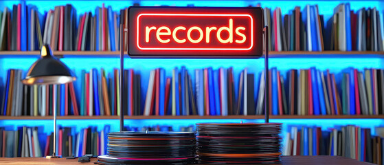 A vibrant scene featuring a neon "records" sign above vinyl records, with colorful books lining the backdrop, creating a retro ambiance.