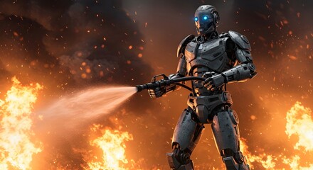 Fototapeta premium a powerful AI robot fighting a raging fire