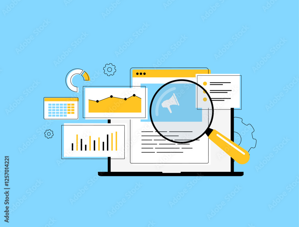 Poster content marketing dashboard visualizes analytics, performance metrics and engagement data. tracking 