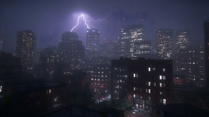 Cityscape thunderstorm night rain buildings