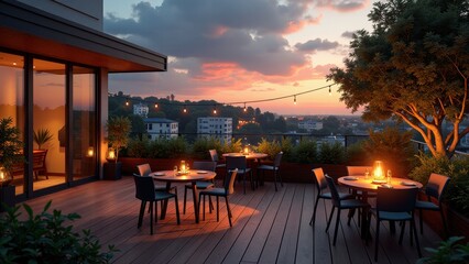 Modern urban rooftop garden with lush greenery, seating areas, and evening lights	