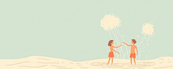 Two Children Playing in Water with Bubbles and Soft Background