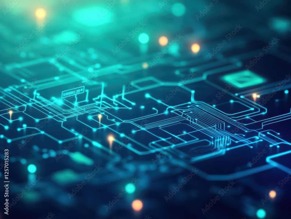Poster Close up view of a circuit board featuring a central integrated circuit and intricate pathways