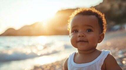 A 5-month-old baby boy explores a beachside promenade under soft sunlight, smiling and relaxed