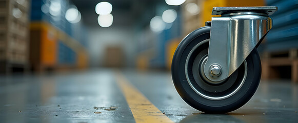 Close-up of a sturdy caster wheel in a bustling warehouse. Industrial strength and efficiency shine.