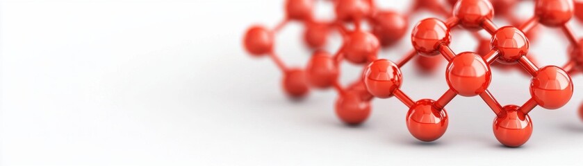 A close-up view of a molecular structure featuring red spheres representing atoms, connected by lines symbolizing chemical bonds.