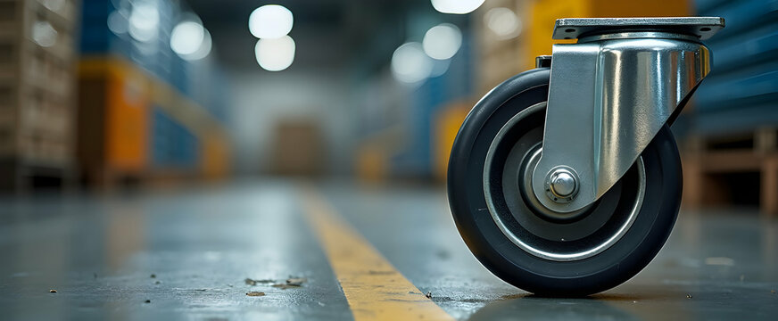 Close-up of a sturdy caster wheel in a bustling warehouse. Industrial strength and efficiency shine.