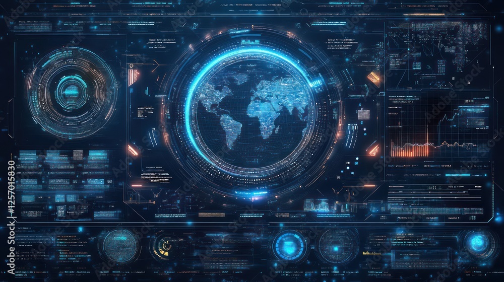 Poster global network data analysis on futuristic screen