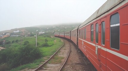 Fototapeta premium Red train curving uphill, foggy hillside village background, travel