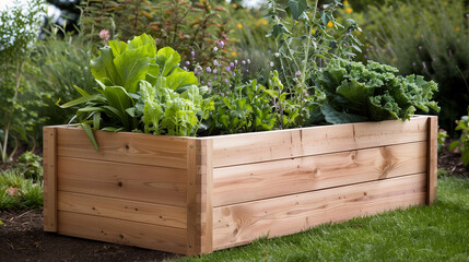  Vibrant wooden raised garden bed overflowing with fresh green vegetables