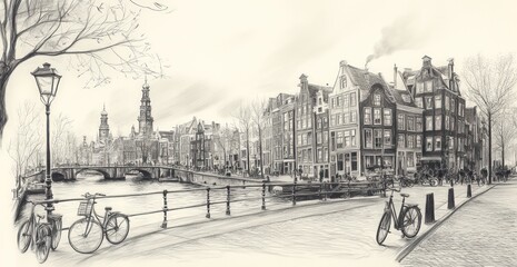 Serene Amsterdam Canal Scene with Bicycles, Historic Architecture, and Leafless Trees