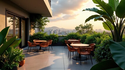 Modern urban rooftop garden with desert plants, cacti, and mountain view	