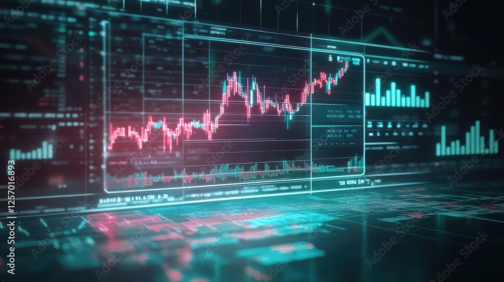 Poster Computer screen displaying stock market chart with graphs and data analysis for financial trading