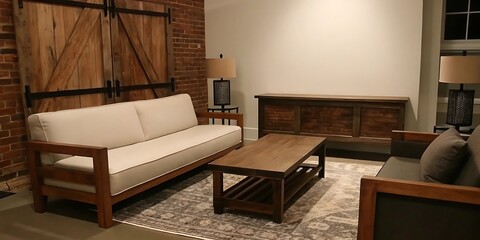Modern Rustic Living Room with Wooden Furniture and Barn Door Decor