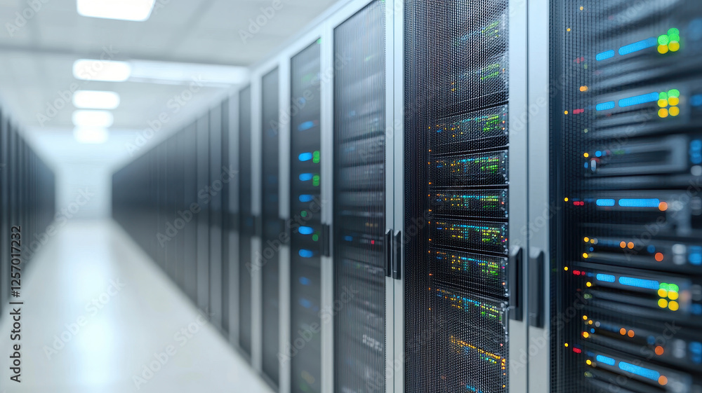 Aufkleber data center with rows of servers and illuminated lights, showcasing modern technology and efficiency