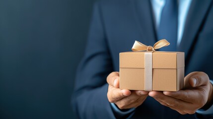 Man in a suit holding small gift box, gesture of appreciation