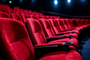 Obraz premium There are many red chairs in a theater with lights on