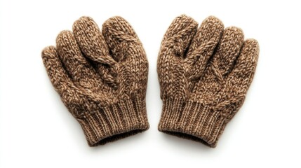 Pair of brown knitted fingerless gloves on white background
