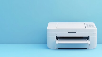 White printer on blue background, ready to print documents; office supplies