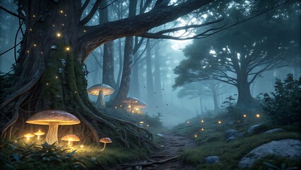 Naklejka premium mystical enchanted forest at twilight, glowing bioluminescent mushrooms illuminating the surroundings, magical fireflies floating in the air, ancient trees with twisted roots