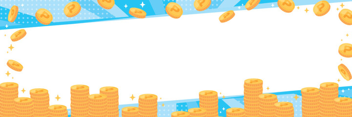積み上がったポイントコインとスタイリッシュな背景バナーイラスト（青）