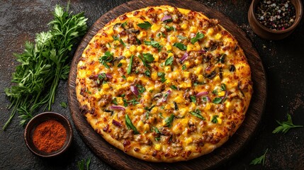 Gourmet corn beef pizza on dark wood board, spices, herbs