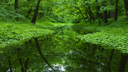 Fototapeta premium Lush green forest creek reflection; tranquil nature scene