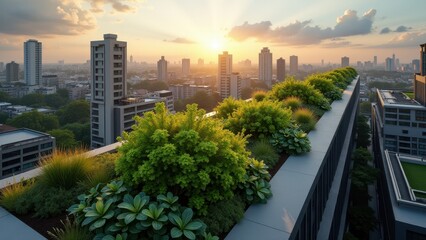 Aerial view of urban skyscrapers with lush green rooftop gardens at sunset	