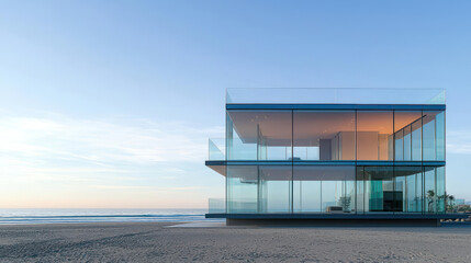 Modern Glass House On Beachfront At Sunset