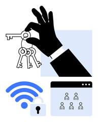 Hand holding multiple keys, secured lock symbol, wireless waves, user account window. Ideal for access control, cybersecurity, digital security, data privacy, online management technology abstract