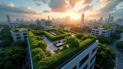 Obraz premium Aerial view of urban skyscrapers with lush green rooftop gardens at sunset 