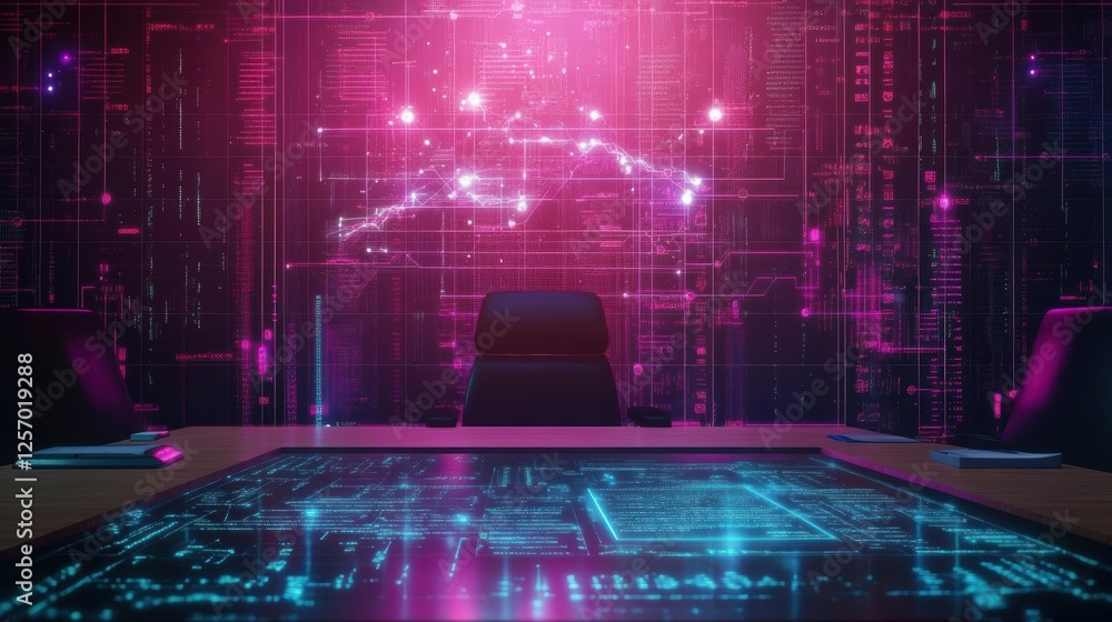 Aufkleber Computer desk with a computer and circuit board background in a modern office environment