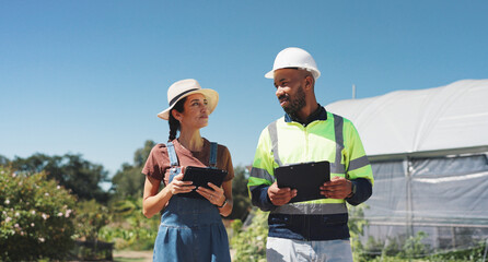 People, agricultural engineer and farmer on field for irrigation system project, sustainability and quality assurance. Water management, discussion and farm inspection for biodiversity conservation