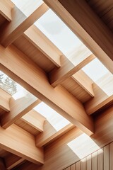 Close-up of a wooden ceiling, showcasing the interior architecture with wooden beams and sunlight streaming through a skylight. 